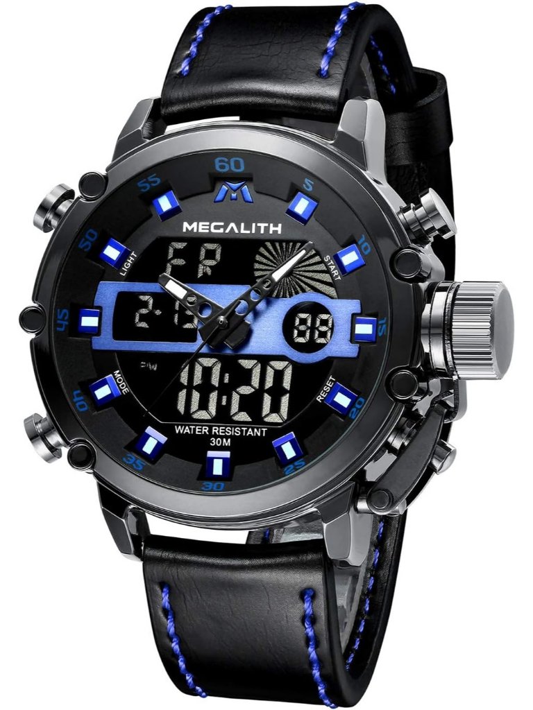 Men's Black And Blue Analog Leather Strap Waterproof Multifunction Digital Watch